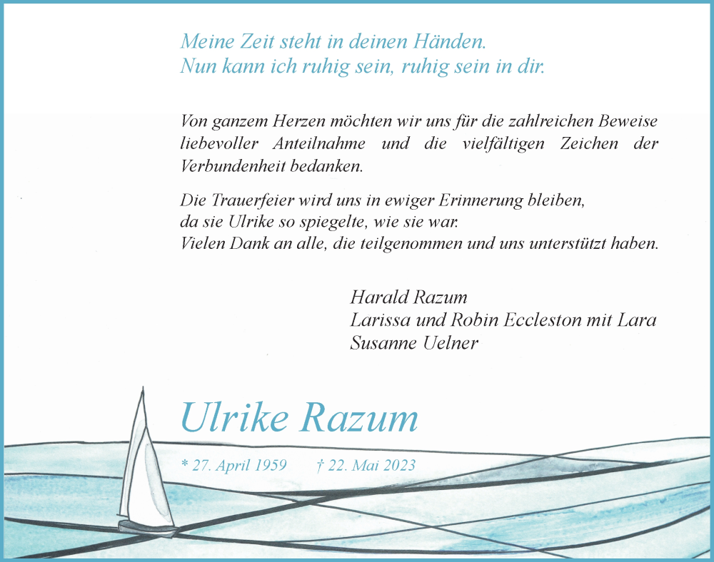  Traueranzeige für Ulrike Razum vom 08.09.2023 aus  Anzeigen Echo 