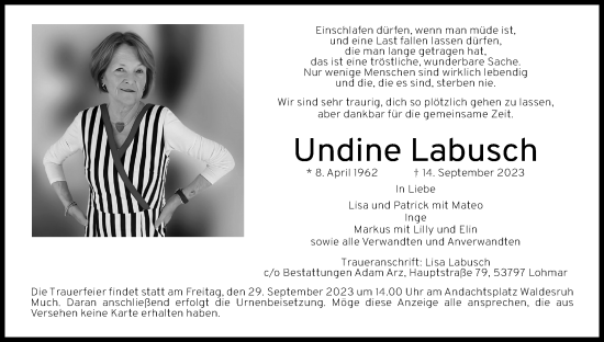 Anzeige von Undine Labusch von Kölner Stadt-Anzeiger / Kölnische Rundschau / Express