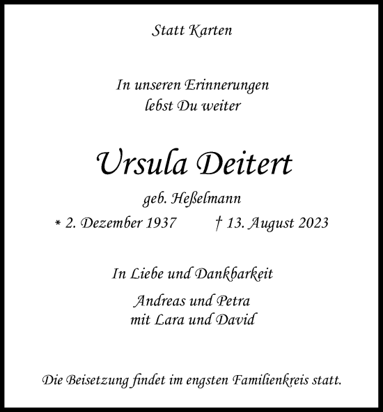 Anzeige von Ursula Deitert von Kölner Stadt-Anzeiger / Kölnische Rundschau / Express