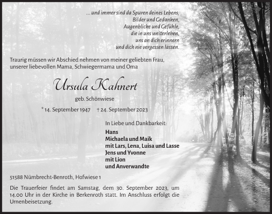 Anzeige von Ursula Kahnert von  Lokalanzeiger 