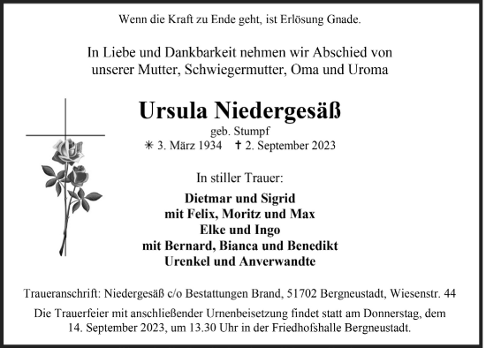 Anzeige von Ursula Niedergesäß von  Anzeigen Echo 