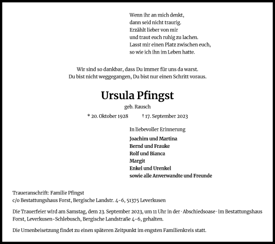 Anzeige von Ursula Pfingst von Kölner Stadt-Anzeiger / Kölnische Rundschau / Express