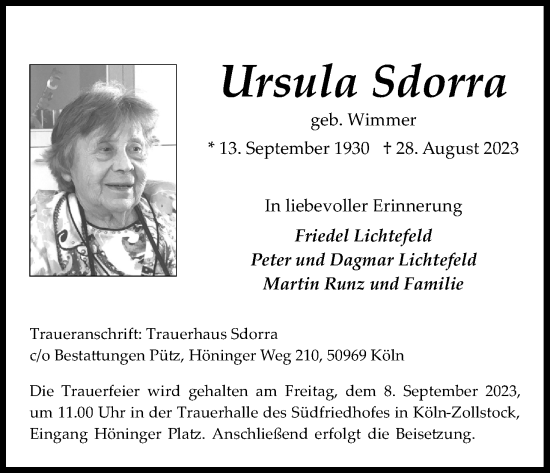 Anzeige von Ursula Sdorra von Kölner Stadt-Anzeiger / Kölnische Rundschau / Express