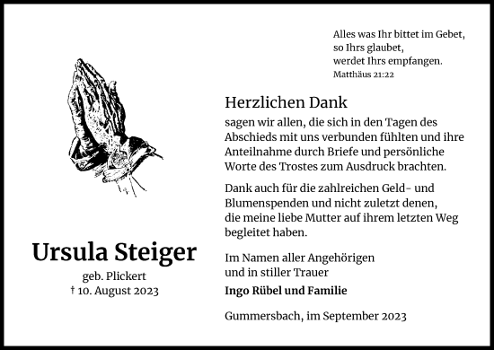 Anzeige von Ursula Steiger von Kölner Stadt-Anzeiger / Kölnische Rundschau / Express