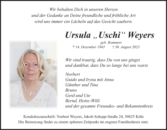 Anzeige von Ursula Weyers von Kölner Stadt-Anzeiger / Kölnische Rundschau / Express
