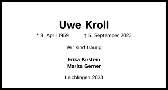 Anzeige von Uwe Kroll von Kölner Stadt-Anzeiger / Kölnische Rundschau / Express