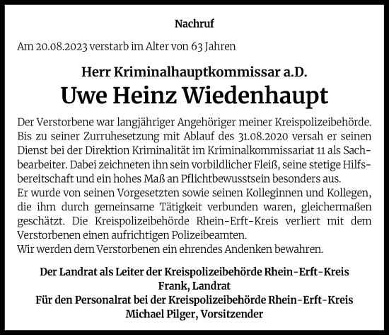 Anzeige von Uwe Heinz Wiedenhaupt von Kölner Stadt-Anzeiger / Kölnische Rundschau / Express