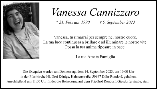 Anzeige von Vanessa Cannizzaro von Kölner Stadt-Anzeiger / Kölnische Rundschau / Express