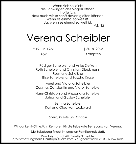 Anzeige von Verena Scheibler von Kölner Stadt-Anzeiger / Kölnische Rundschau / Express
