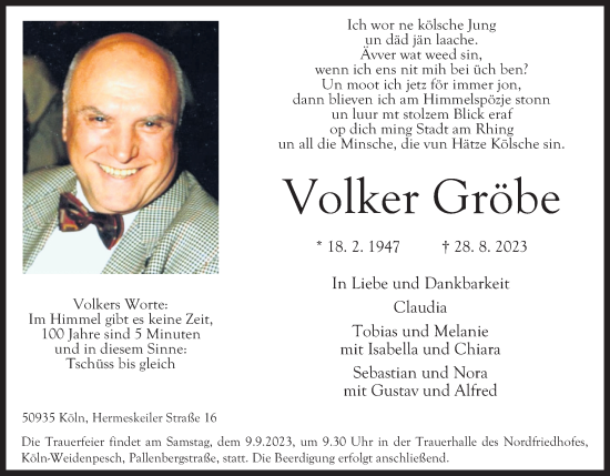 Anzeige von Volker Gröbe von Kölner Stadt-Anzeiger / Kölnische Rundschau / Express