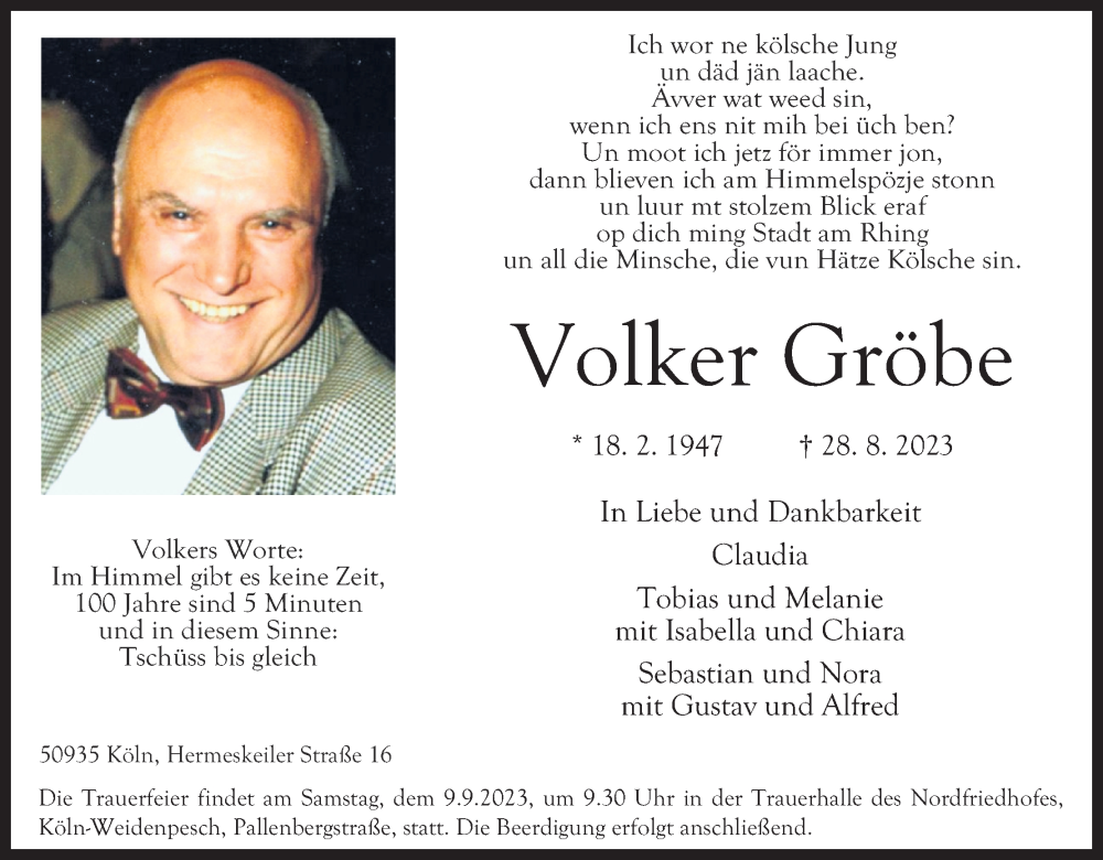  Traueranzeige für Volker Gröbe vom 06.09.2023 aus Kölner Stadt-Anzeiger / Kölnische Rundschau / Express