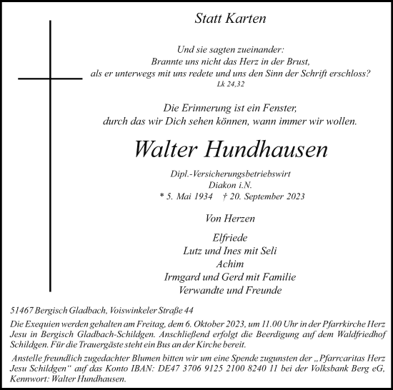 Anzeige von Walter Hundhausen von Kölner Stadt-Anzeiger / Kölnische Rundschau / Express