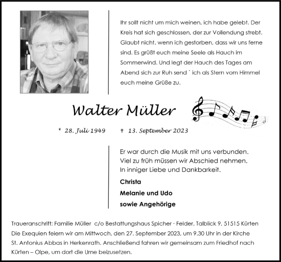 Anzeige von Walter Müller von  Bergisches Handelsblatt 