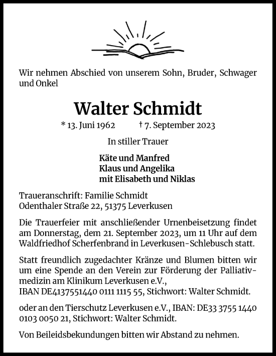Anzeige von Walter Schmidt von Kölner Stadt-Anzeiger / Kölnische Rundschau / Express