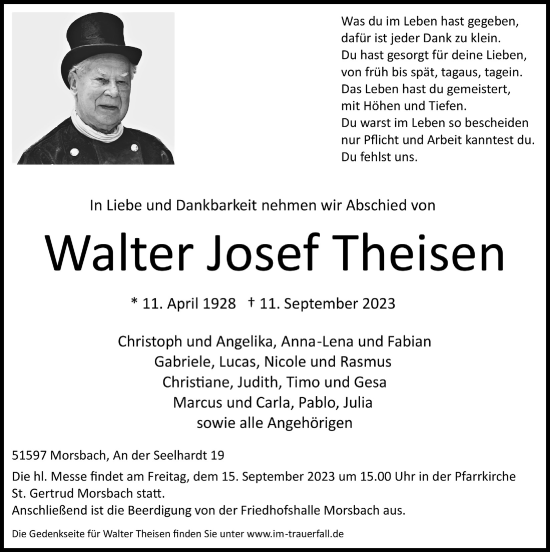 Anzeige von Walter Josef Theisen von  Lokalanzeiger 