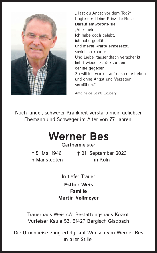 Anzeige von Werner Bes von Kölner Stadt-Anzeiger / Kölnische Rundschau / Express