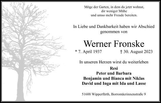 Anzeige von Werner Fronske von Kölner Stadt-Anzeiger / Kölnische Rundschau / Express