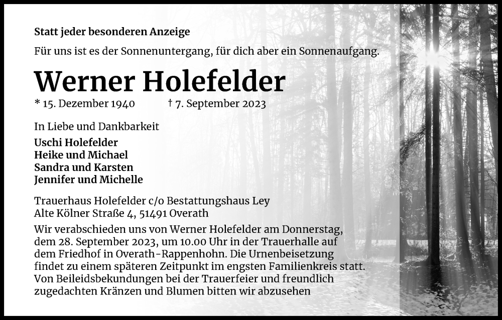  Traueranzeige für Werner Holefelder vom 16.09.2023 aus Kölner Stadt-Anzeiger / Kölnische Rundschau / Express