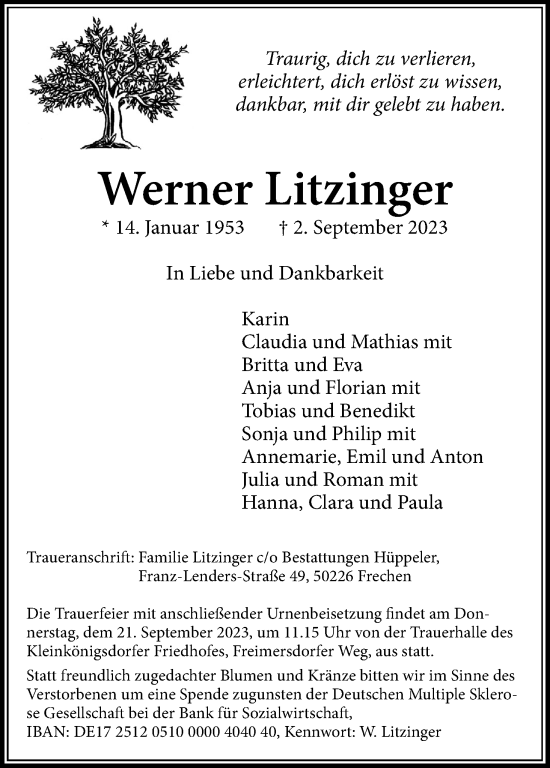 Anzeige von Werner Litzinger von Kölner Stadt-Anzeiger / Kölnische Rundschau / Express