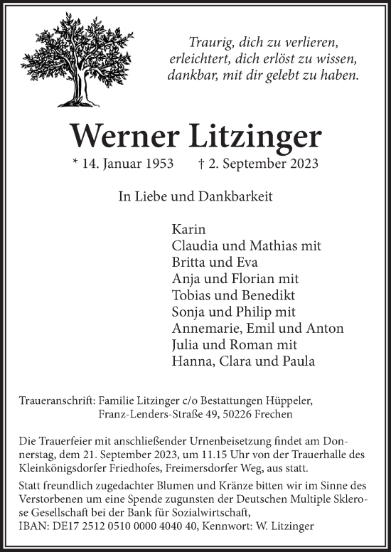 Anzeige von Werner Litzinger von  Wochenende 