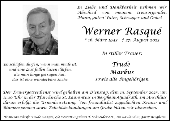 Anzeige von Werner Rasque von  Werbepost 