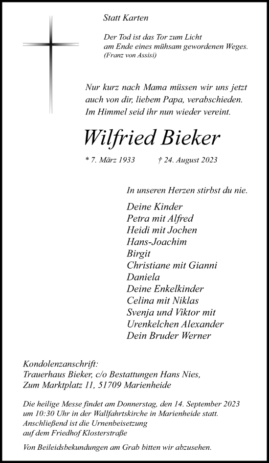Anzeige von Wilfried Bieker von Kölner Stadt-Anzeiger / Kölnische Rundschau / Express