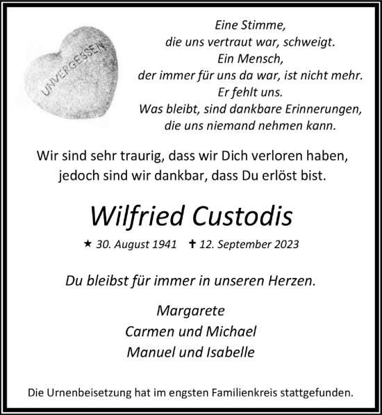 Anzeige von Wilfried Custodis von  Wochenende 