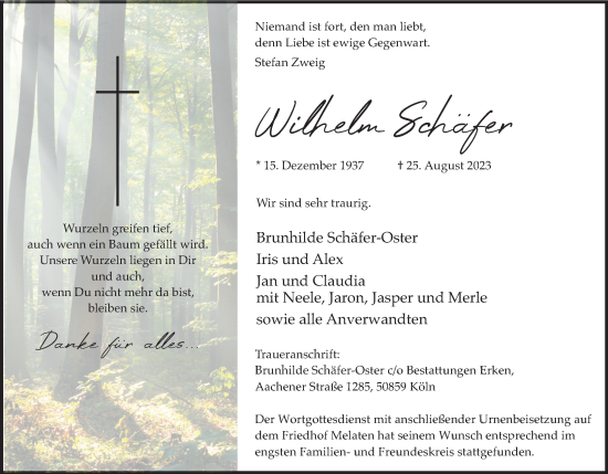 Anzeige von Wilhelm Schäfer von Kölner Stadt-Anzeiger / Kölnische Rundschau / Express