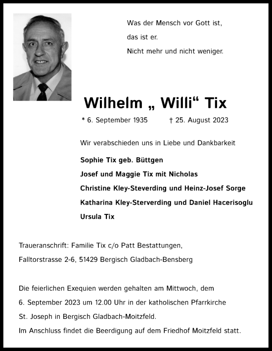 Anzeige von Wilhelm Tix von Kölner Stadt-Anzeiger / Kölnische Rundschau / Express