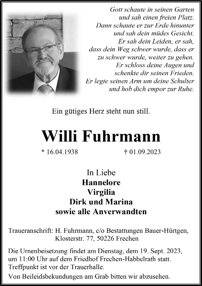  Traueranzeige für Willi Fuhrmann vom 15.09.2023 aus  Wochenende  Werbepost 