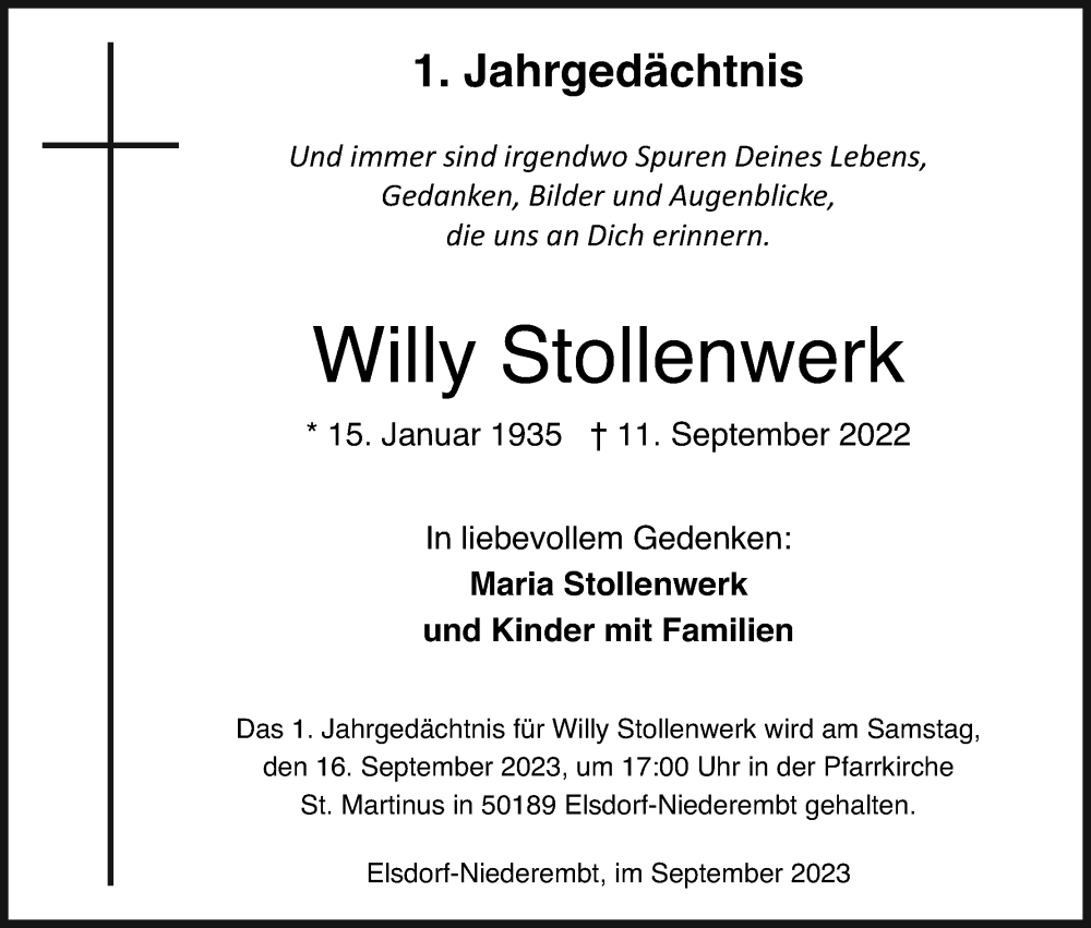  Traueranzeige für Willy Stollenwerk vom 18.07.2023 aus Kölner Stadt-Anzeiger / Kölnische Rundschau / Express