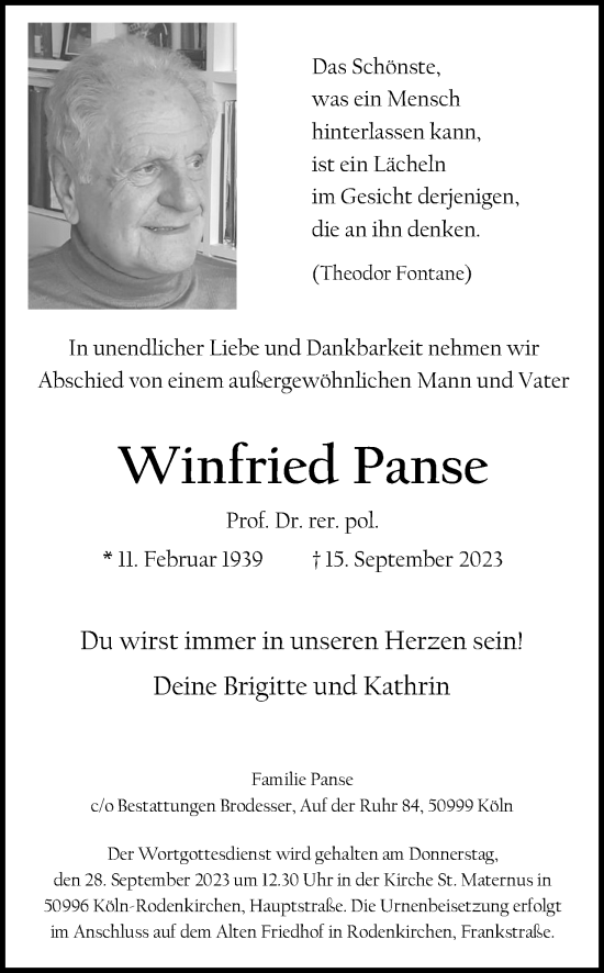 Anzeige von Winfried Panse von Kölner Stadt-Anzeiger / Kölnische Rundschau / Express