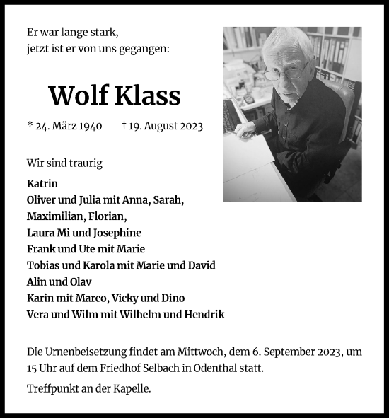 Anzeige von Wolf Klass von Kölner Stadt-Anzeiger / Kölnische Rundschau / Express