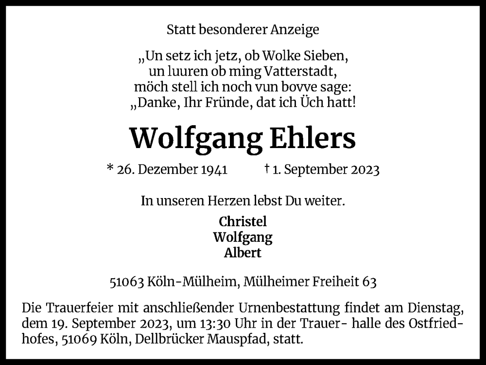  Traueranzeige für Wolfgang Ehlers vom 16.09.2023 aus Kölner Stadt-Anzeiger / Kölnische Rundschau / Express