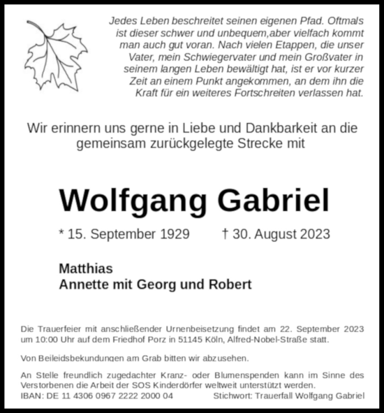 Anzeige von Wolfgang Gabriel von Kölner Stadt-Anzeiger / Kölnische Rundschau / Express