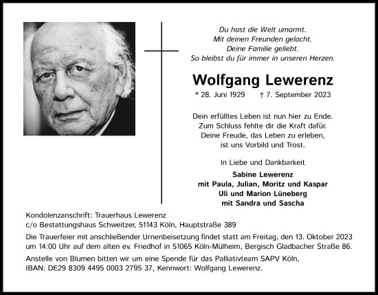 Anzeige von Wolfgang Lewerenz von Kölner Stadt-Anzeiger / Kölnische Rundschau / Express
