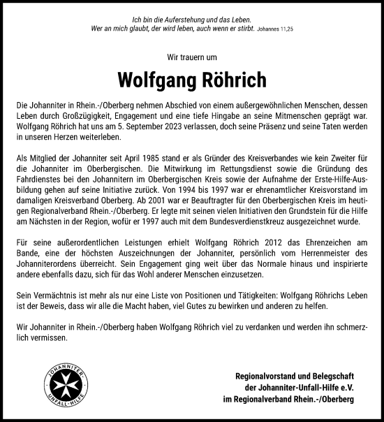Anzeige von Wolfgang Röhrich von Kölner Stadt-Anzeiger / Kölnische Rundschau / Express
