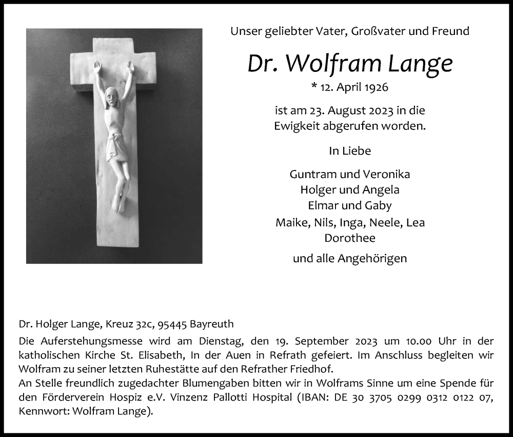  Traueranzeige für Wolfram Lange vom 09.09.2023 aus Kölner Stadt-Anzeiger / Kölnische Rundschau / Express