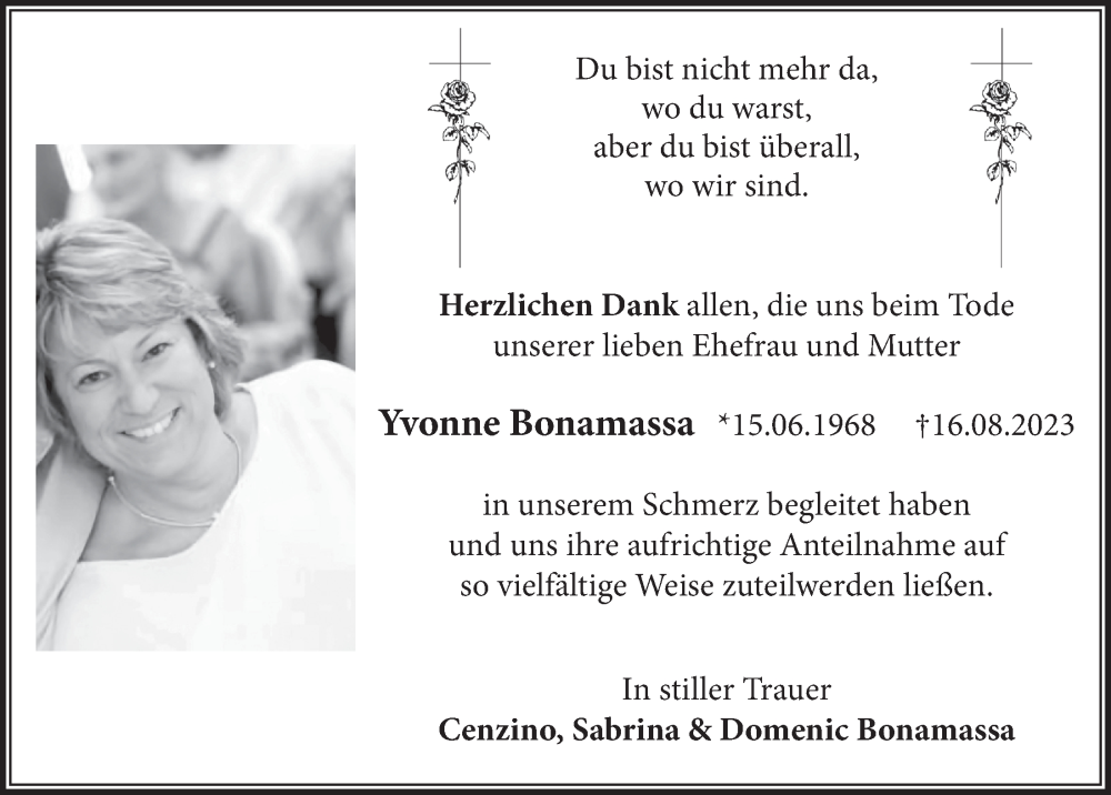  Traueranzeige für Yvonne Bonamassa vom 15.09.2023 aus  Schlossbote/Werbekurier 