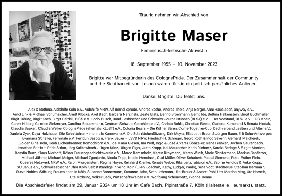 Anzeige von Brigitte Maser von KÖLNER STADT-ANZEIGER / KÖLNISCHE RUNDSCHAU / EXPRESS
