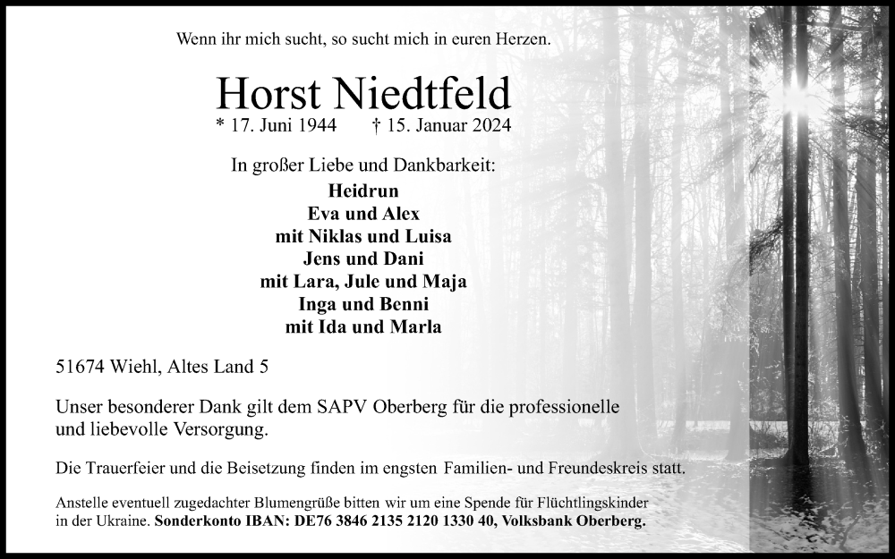  Traueranzeige für Horst Niedtfeld vom 24.01.2024 aus Kölner Stadt-Anzeiger / Kölnische Rundschau / Express