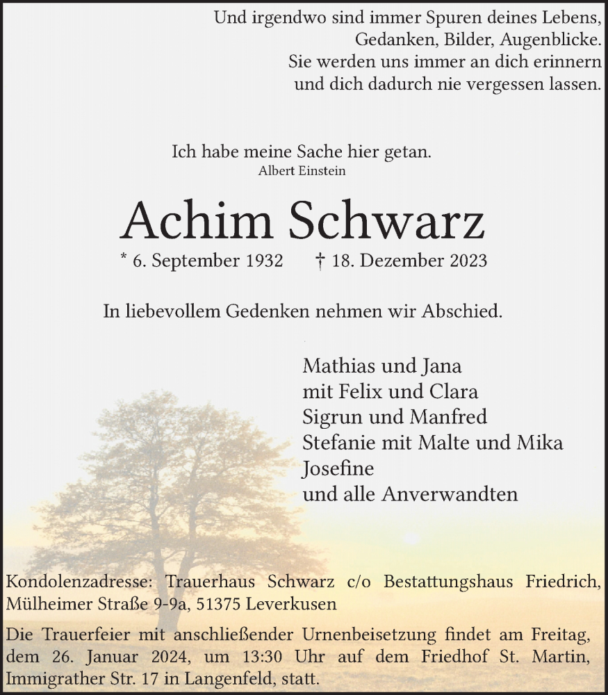  Traueranzeige für Achim Schwarz vom 13.01.2024 aus Kölner Stadt-Anzeiger / Kölnische Rundschau / Express