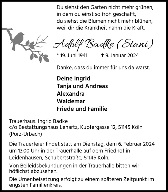 Anzeige von Adolf Badke von Kölner Stadt-Anzeiger / Kölnische Rundschau / Express