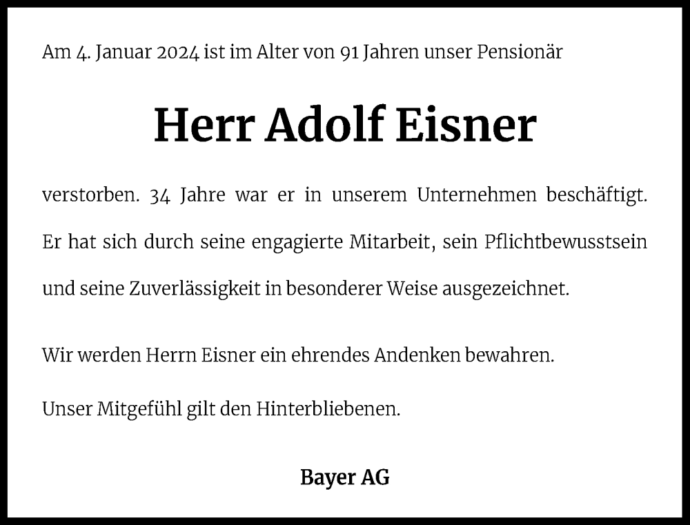  Traueranzeige für Adolf Eisner vom 18.01.2024 aus Kölner Stadt-Anzeiger / Kölnische Rundschau / Express