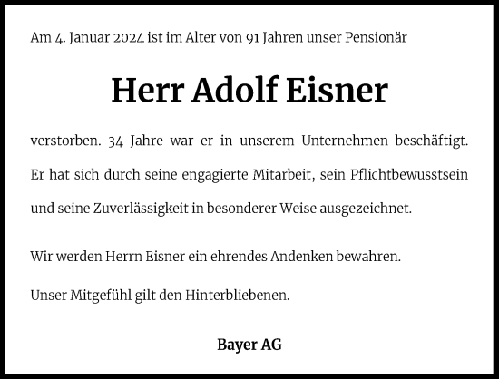 Anzeige von Adolf Eisner von Kölner Stadt-Anzeiger / Kölnische Rundschau / Express