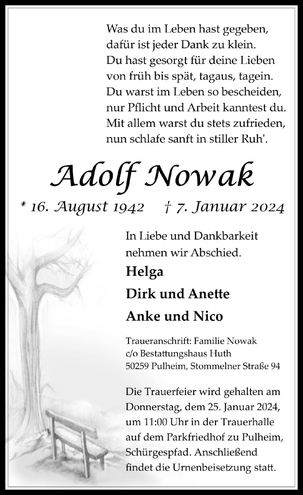  Traueranzeige für Adolf Nowak vom 19.01.2024 aus  Wochenende 