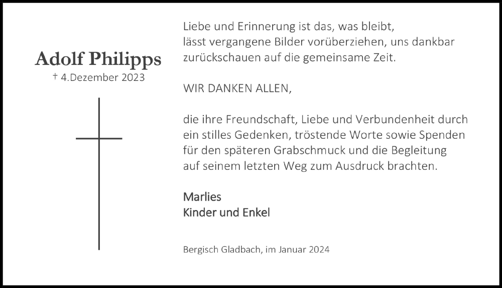 Traueranzeige für Adolf Philipps vom 12.01.2024 aus  Bergisches Handelsblatt 