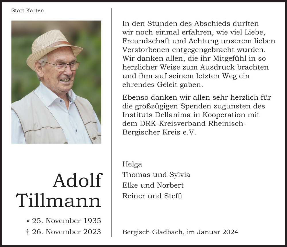  Traueranzeige für Adolf Tillmann vom 19.01.2024 aus  Bergisches Handelsblatt 