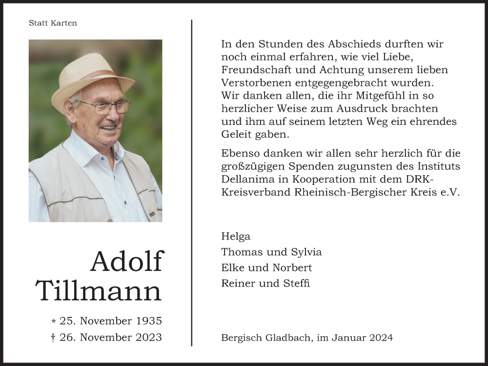  Traueranzeige für Adolf Tillmann vom 20.01.2024 aus Kölner Stadt-Anzeiger / Kölnische Rundschau / Express