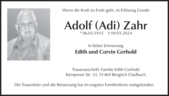Anzeige von Adolf Zahr von  Bergisches Handelsblatt 